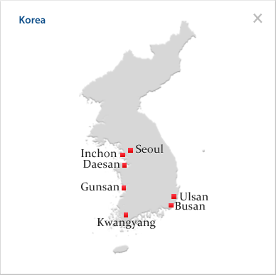 Expanded map of Korea including Seoul, Incheon, PyeongTaek, Pohang, Ulsan, Busan, Changwon, Gwangyang.