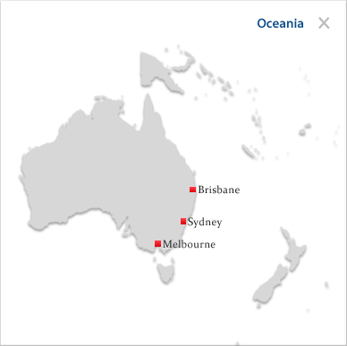 OCEANIA의 확대 지도, Brisbane, Sydney, Melbourne이 표시된 지도